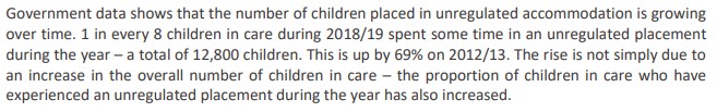 1 in every 8 children in care now live in unregulated care