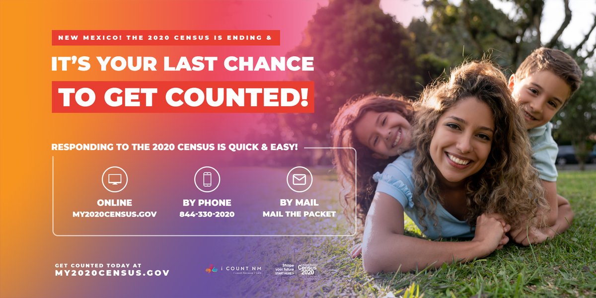 ICountNM's tweet photo. New Mexico! THE CENSUS ENDS SEPT. 30th! It's your last chance to #getcounted! You can respond online (https://t.co/ioOhJH4HEi), by phone (844-330-2020), or by mail. New Mexico needs you! BILLIONS of dollars could be lost for vital services and programs. Please respond today! https://t.co/uhM0Dmk7BN