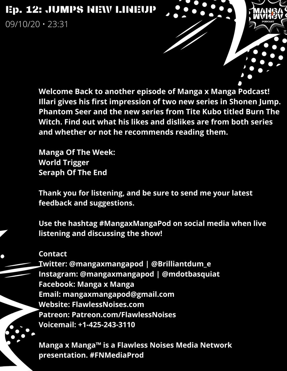 MangaxMangaPod's tweet photo. 🆕Ep. 12: Jumps New Lineup 🆕

Illari aka @brilliantdum_e gives his first impression of two new series in Shonen Jump.

Apple Podcasts
https://t.co/fAWkEH7idP

Spotify
https://t.co/jouOtnOSDs

Other platforms
https://t.co/CHBFhTMcEA

#MangaxManga #FNMediaProd #Weeb #Anime #Manga https://t.co/U0BnLpN3v3