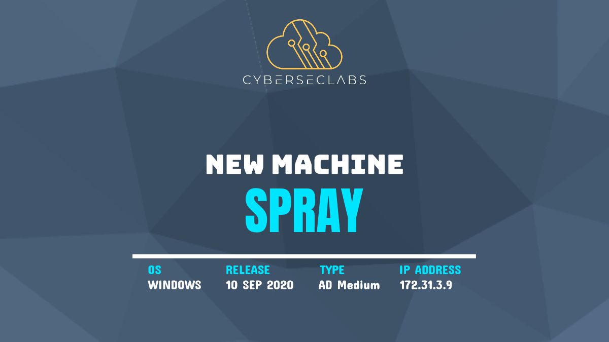 A NEW 5/10 #ActiveDirectory machine #Spray will go live today @ 19:00 UTC. Check out CyberSecLabs at cyberseclabs.co.uk

#CyberSecurityTraining #Hacking #Security #CyberSecLabs