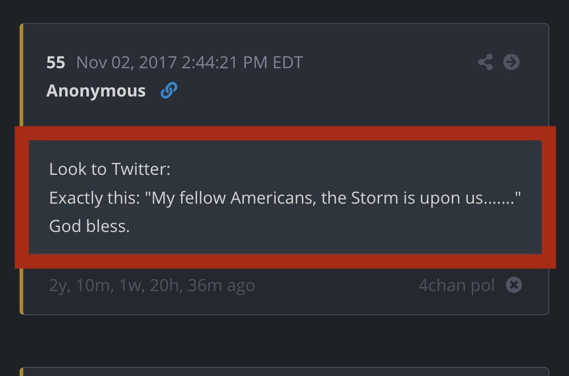 2/ another POTUS tweet from this morning takes me to post 55! “Look to Twitter:Exactly this: “My fellow Americans, the Storm is upon us.......”God bless.”Also takes me to posts 958 & 330