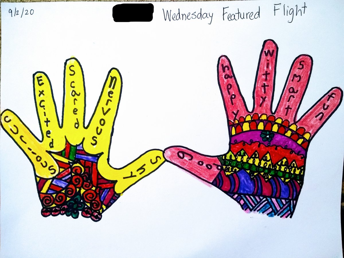 SamWeissler's tweet photo. Great job to these 2 Pandas who completed our mindful hand art activity last week! With so many thoughts and feelings going through our minds, sometimes it's worth taking a moment to reflect and get it all out on paper! #WellnessWednesday #wearedps #pandapride https://t.co/01lji5IDkz
