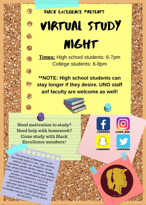 Good Morning B.E. ! Starting on September 17th, and every following Thursday, we will be having virtual study sessions whether you need motivation to homework and need assistance on an assignment! 

Zoom link: unomaha.zoom.us/j/96006096817

Meeting ID: 960 0609 6817

Have a great day!