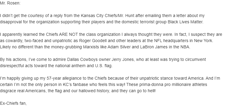 jeff_rosen88's tweet photo. Not everyone is a fan of social justice, sadly, and that will be apparent tonight when the Chiefs and Texans pay respect to Black folks' struggles for equality this evening. I've gotten several emails and calls like this one ... https://t.co/W8GjoQUkW6
