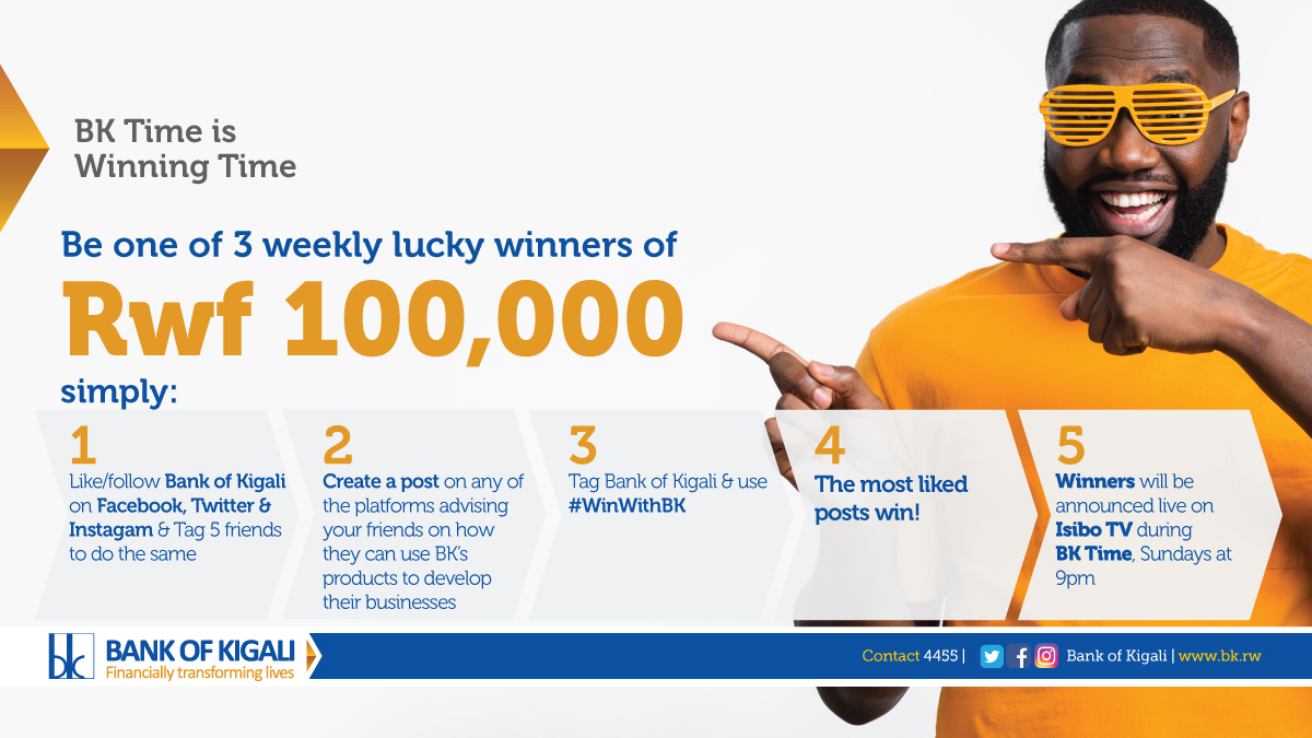 BankofKigali's tweet photo. Have you entered the BK Time competition yet? Follow the instructions below and you could be one of 3 lucky winners this week. Watch BK Time on Isibo TV on Sunday at 9pm to see if you've won.
#WinWIthBK #BKTime https://t.co/sct54UY751