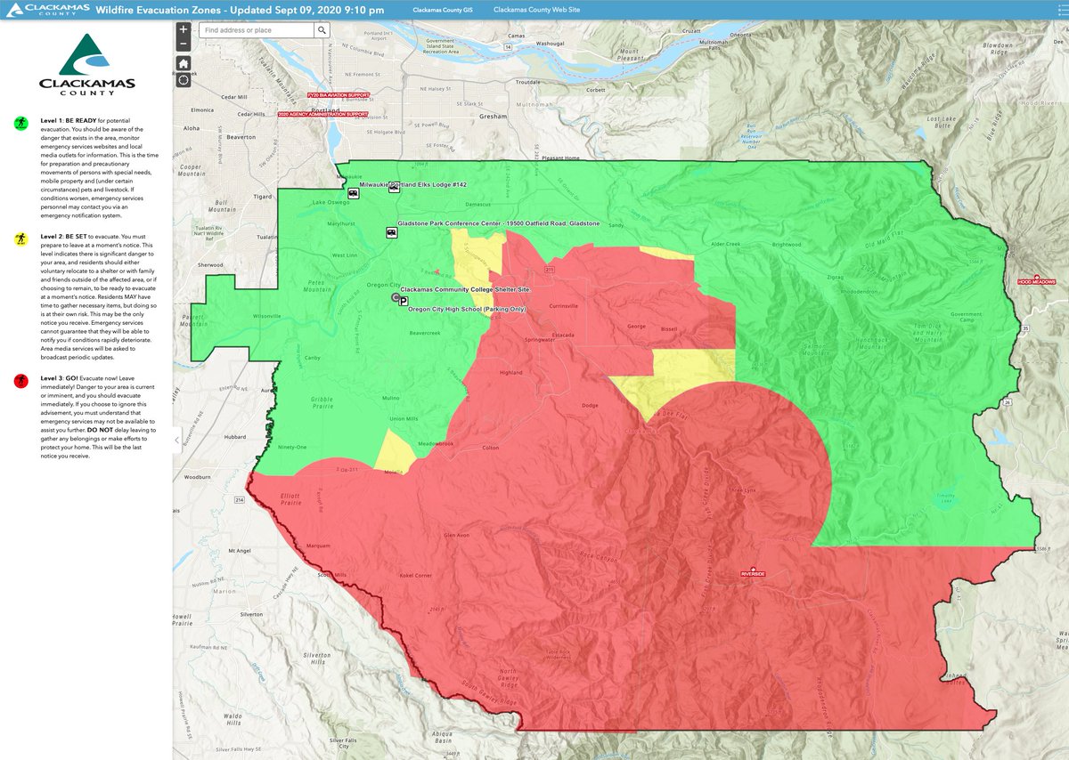 2.  @clackamascounty is also updating a color-coded fire-evacuation map at  https://ccgis-mapservice.maps.arcgis.com/apps/webappviewer/index.html?id=fe0525732f1a4f679b75a5ccf1c84b30 Pictured is a snapshot of the map as of 8:42 a.m. on Thursday, Sept. 10. #ClackamasWildfires