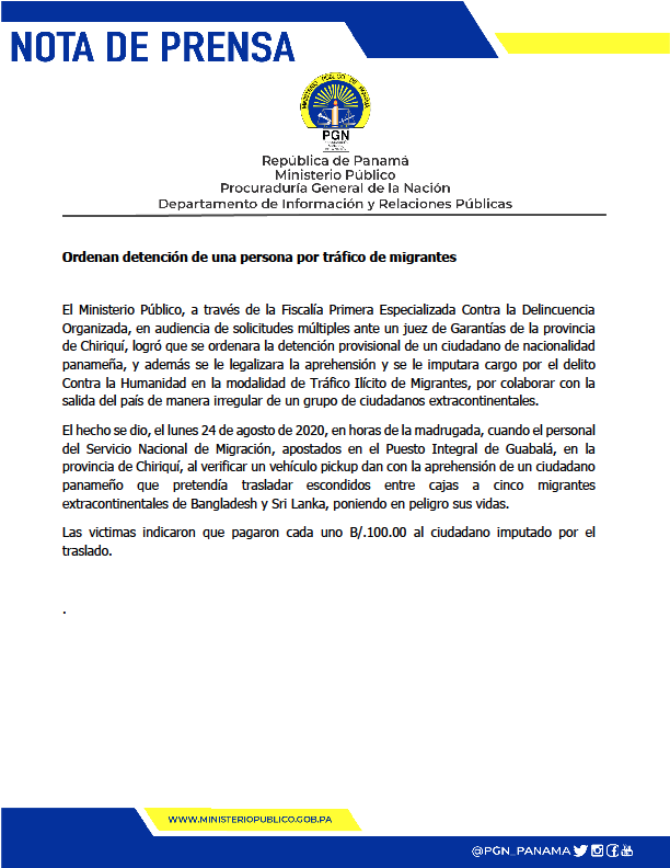 tvnnoticias's tweet photo. Ordenan detención de una persona por tráfico de migrantes. Vía @PGN_PANAMA #NoticiasTVN https://t.co/sOYYKahI2x