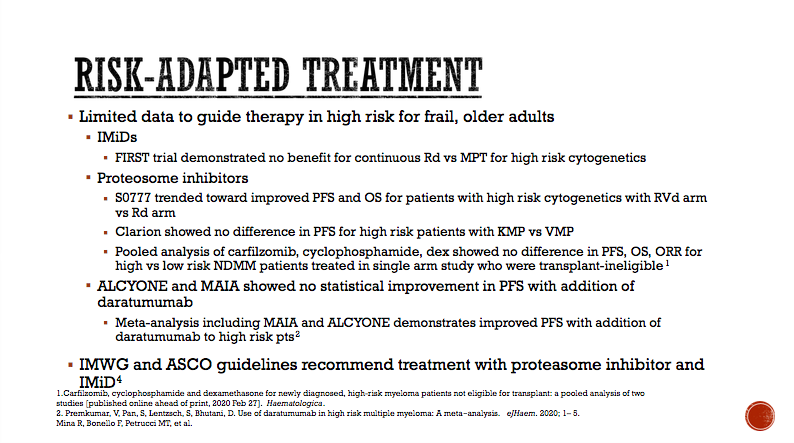 Jerfiz1's tweet photo. Great presentation from @LipeBrea, MD at #soho2020 Virtual meeting summarizing"risk-adapted therapy in elderly/frail/high-risk pts with MM"discussing the various treatment possibilities  using existing treatment modalities, ultimately impinging on "goal of therapy"
#MYELOM https://t.co/OXWBTbVkrH