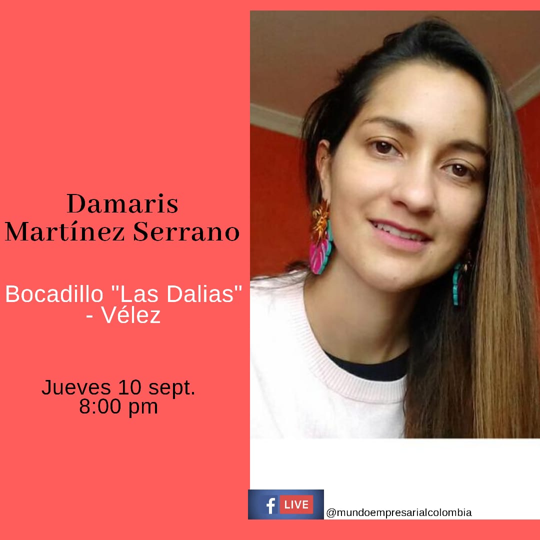 MundoEColombia's tweet photo. Esta noche en el Facebook Live de Mundo Empresarial Colombia nuestra invitada es Pilar Martínez, gerente de Bocadillo "Las Dalias" en Vélez, tres generaciones de trabajo con el bocadillo , a las 8 pm los esperamos. #Bocafest 1er. Festival Virtual del Bocadillo.  @tatianapardo83 https://t.co/gajnHQN9he