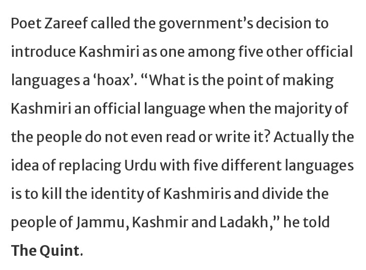 Here he quotes some Poet Zareef that govt decision to promote Kashmiri language is a hoax. And he says majority of people can't even read or write it.Reality: Out of 69 lakh population of Kashmir, 59 lakh people registered Kashmiri as their mother tongue in Census 2011 i.e >85%