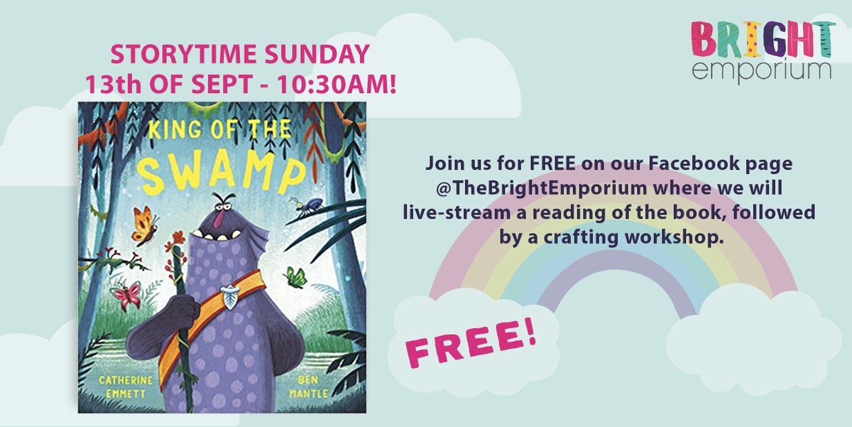 WE ARE BACK!! Live in your living rooms this Sunday @ 10.30am reading 'King Of The Swamp' written by @Emmett_Cath illustrated by @BenMMantle published by @simonkids_UK followed by a crafting workshop! #facebooklive #BrightMoments #welovebooks #childrensillustration