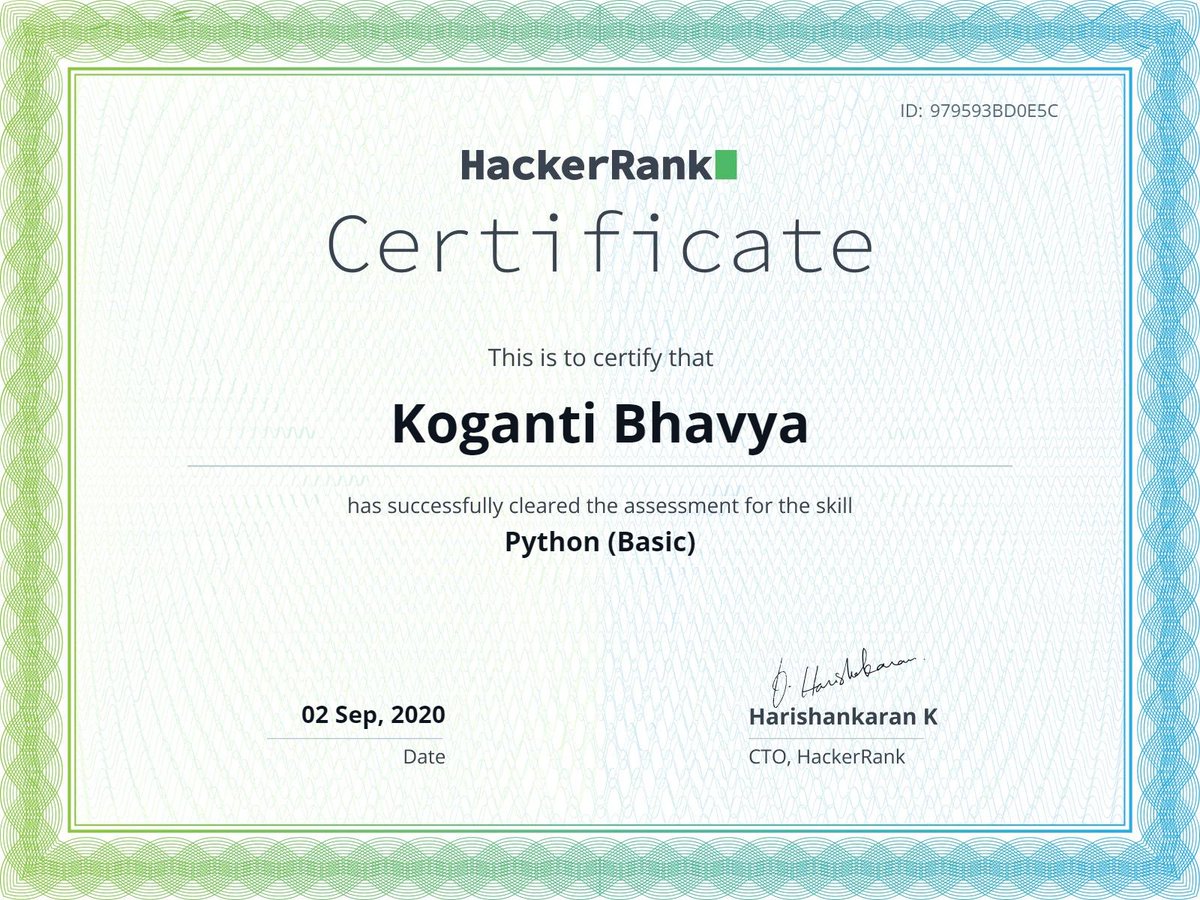 BhavyaKoganti99's tweet image. Got certified by @hackerrank #PythonBasic
