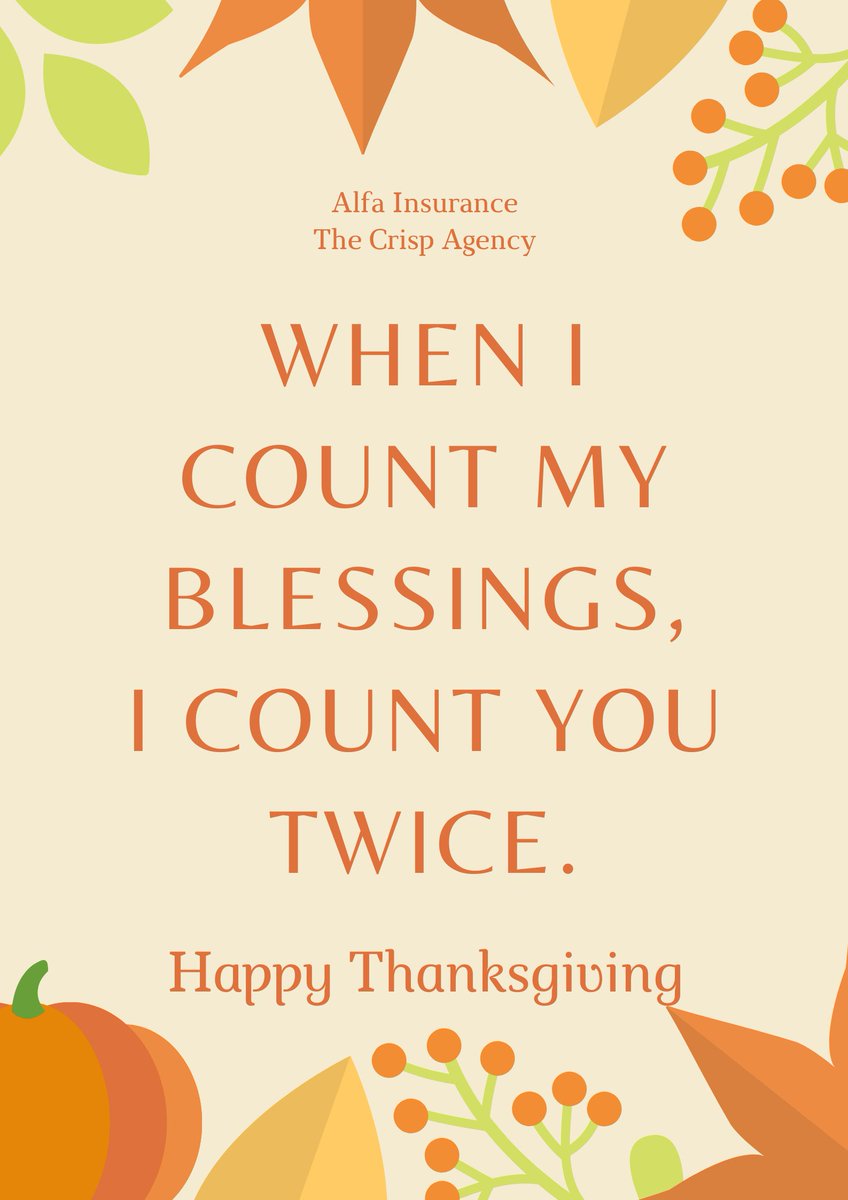 TheCrispAgency's tweet photo. Happy Thanksgiving from The Crisp Agency! In observance of Thanksgiving, our office will be closed on November 26th and November 27th. We will resume normal business hours on November 30th. Share below something you are thankful for.. 🦃🍗#Thankful #Grateful #Blessed #Coweta https://t.co/4QGWhBeaNV