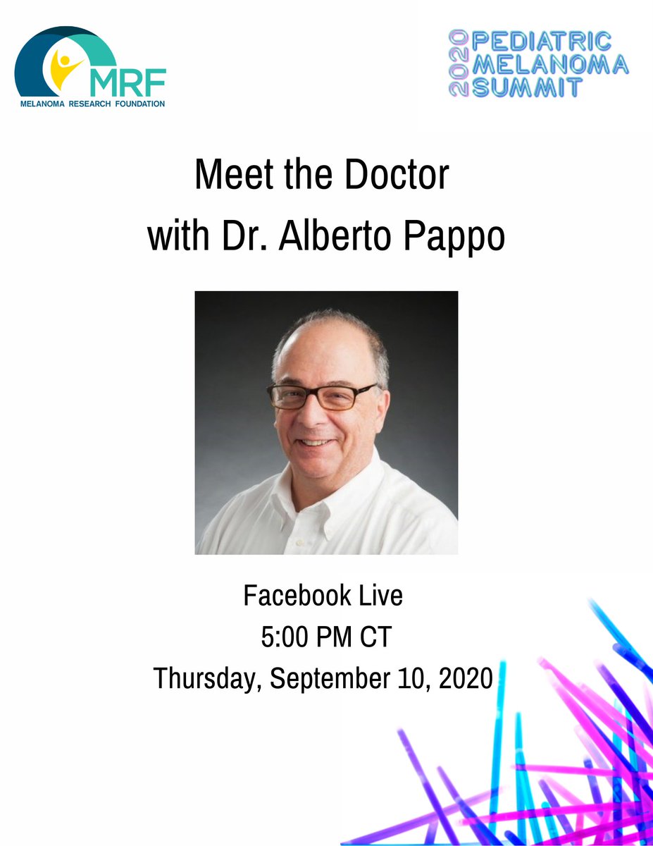 CureMelanoma's tweet photo. Today we will be hosting a Facebook Live event at 5:00 pm CT (6:00 pm ET) with Dr. Alberto Pappo from @StJude! He will be answering questions about his career path in pediatric melanoma and more with our own CEO, Kyleigh LiPira. https://t.co/x9IgNt4Ot3