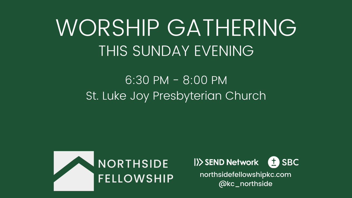 Northside Fellowship KC (@kc_northside) on Twitter photo Join us this Sunday evening for a worship gathering!
Worship, Prayer, and a Word from Titus 1:1-14.
Bring a face mask!
Need extra distance? Let us know.
Contact a Group Leader or message us with questions. Join us this Sunday evening for a worship gathering!
Worship, Prayer, and a Word from Titus 1:1-14.
Bring a face mask!
Need extra distance? Let us know.
Contact a Group Leader or message us with questions.
