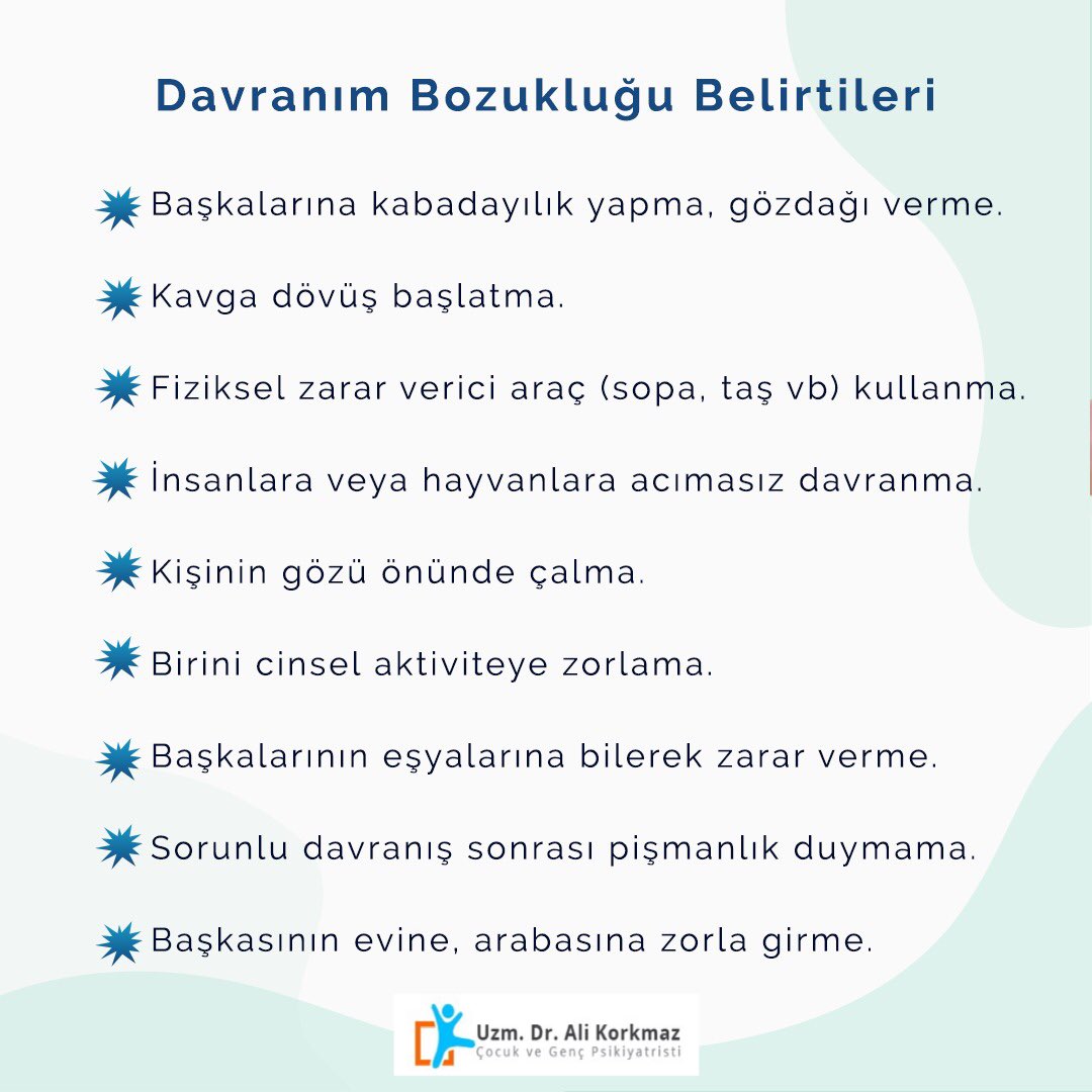 Psikiyatri's tweet photo. Davranım bozukluğu (DB) olan çocuk ve gençler başkalarının haklarına saygı duyma, empati yapma, toplumsal ve ahlaki kurallara uymada ciddi zorluk yaşarlar. DB Belirtileri 👇
#davranımbozukluğu #çocukpsikiyatrisi #alikorkmaz https://t.co/FbL3eD1f2b