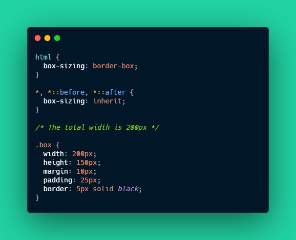 The Alternative Box Model:Alternatively, we can guide the browser to consider the width and height to the border box so that elements appear the exact size.Here's how to turn it on: