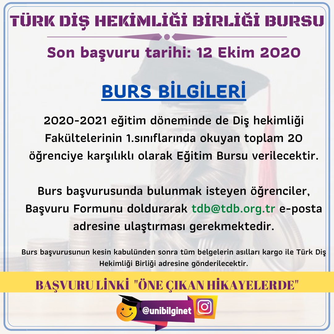 unibilgi net on twitter turk dis hekimligi birligi bursu son basvuru 12 ekim 2020 basvuru linki instagram hesabimizda one cikan gorseller kismindan ulasabilirsiniz instagram hesabimiz https t co ykcc2pyh0f daha fazla burs