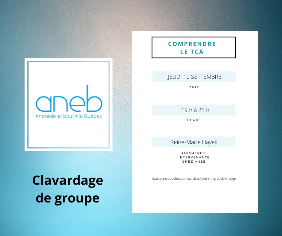 Ce soir, de 19 h à 21 h aura lieu une séance de clavardage de groupe portant sur la compréhension des troubles de l'alimentation.

Connectez-vous en utilisant le lien : anebquebec.com/services/aide-…

#tca #ANEB #soutien #ED #clavardage #SanteMentale