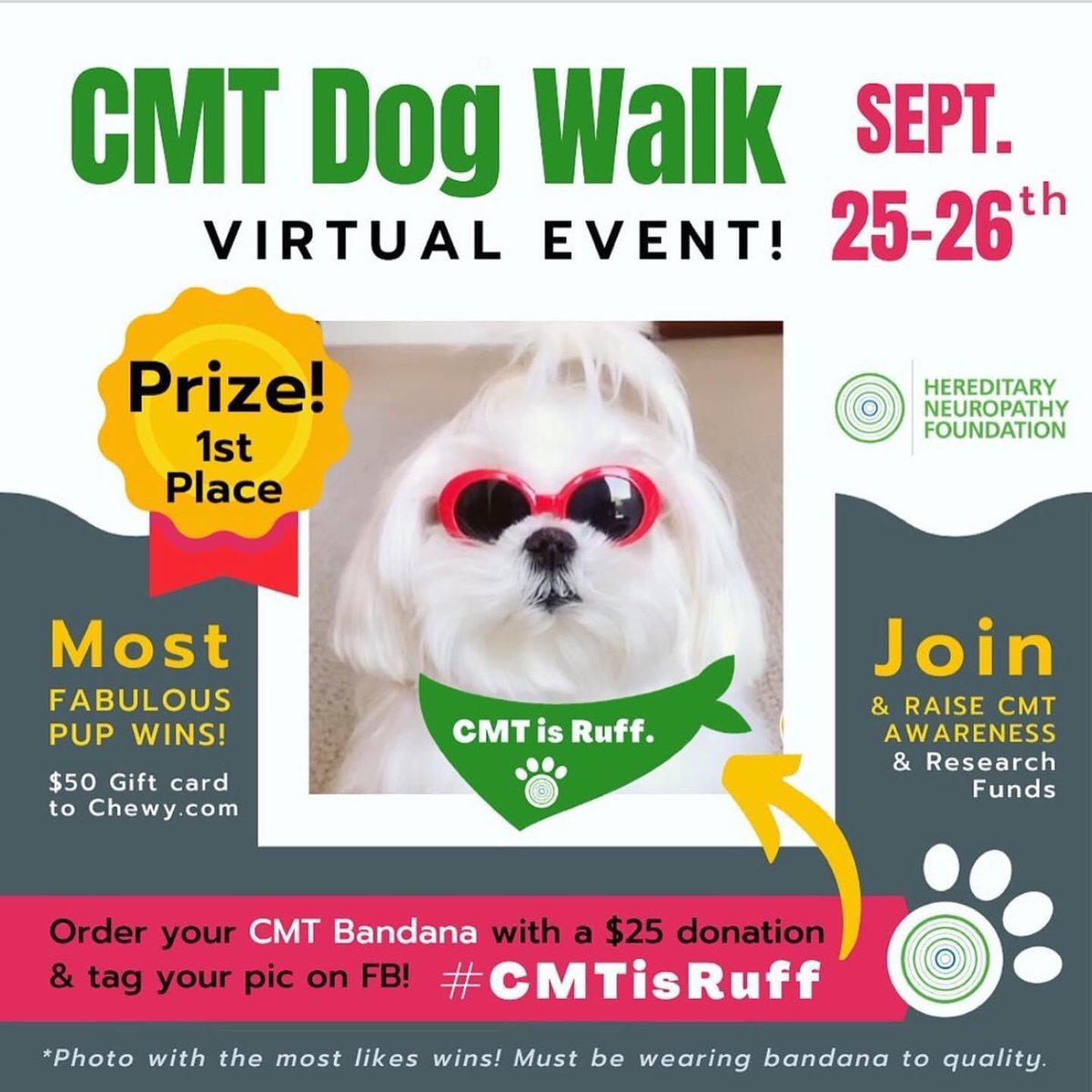 CMTNeuropathy's tweet photo. Take a bite out of CMT with our #CMTISRUFF Bandanas! 🐶
Order before 9/21 to receive in time for our virtual dog walk 9/25-26th! Tag your pup to win our CMT photo contest! #cmtwegotthis #cmtdogwalk
https://t.co/t2Yjm6u19z https://t.co/L6xQe4SiMc