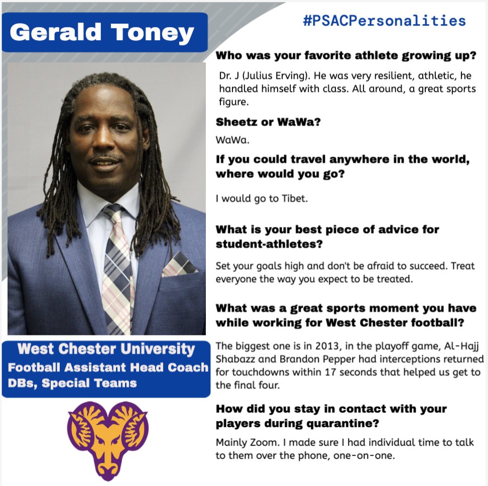 PSACsports's tweet photo. PSAC fans, for Thursday’s edition of #PSACpersonalities, we are excited to spotlight Gerald Toney. @CoachGToney is West Chester University’s Assistant Head Football Coach /DBs/Special Teams and is in his 11th year as the assistant head coach. @WCURamsFootball https://t.co/JEPN6mJP2z