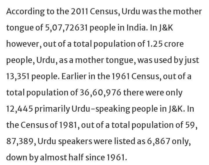 He himself quotes J&K census where out of 1.25 crore people, only 13,351 identify Urdu as their mother tongue. That is even less than 0.11% population of the state.So this person wants people to abandon their own mother tongue and hanker after Urdu?Sheer Nonsense logic!!