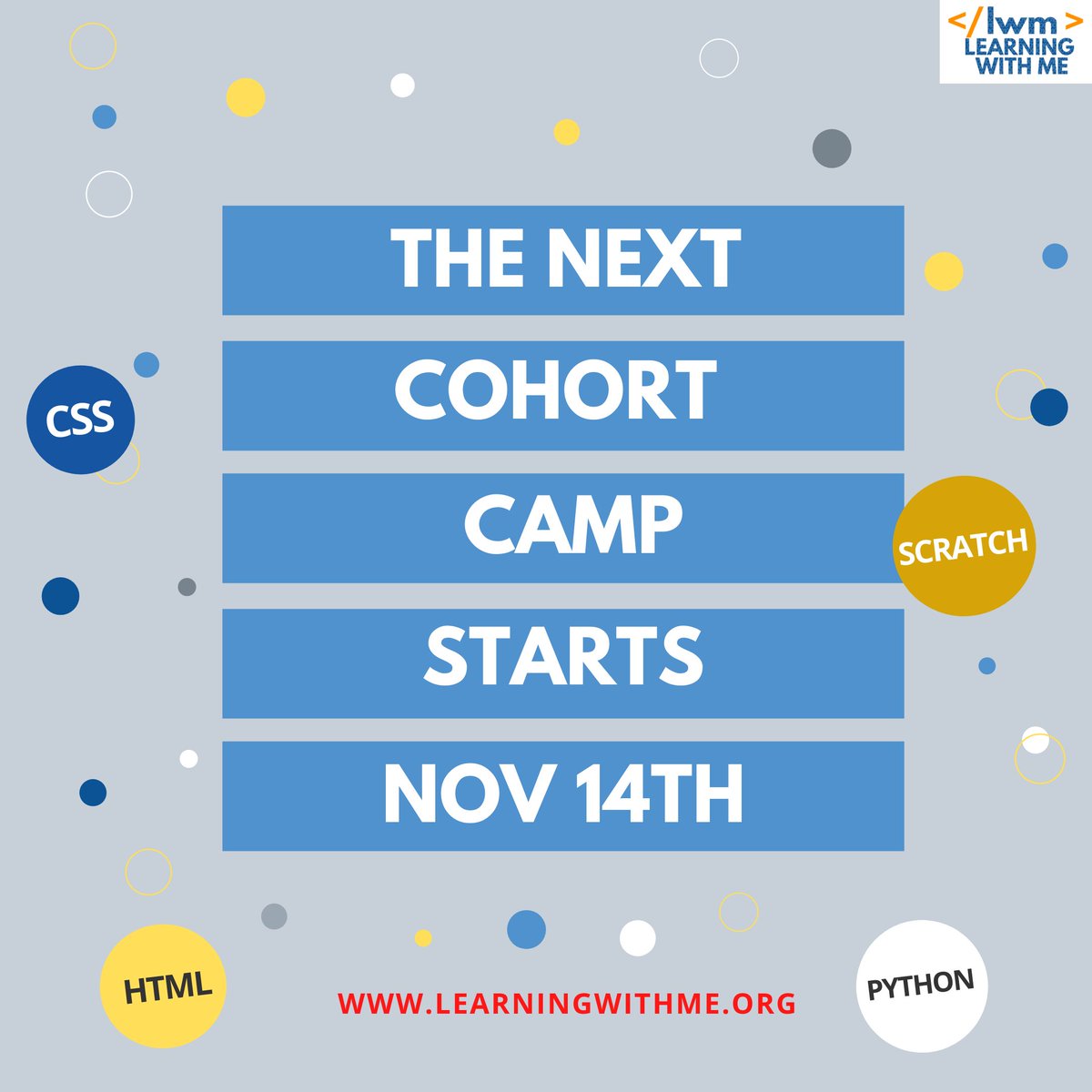 lwm_org's tweet image. FREE ONLINE CODING CAMPS FOR KIDS!!!
Register your child at learningwithme.org for the next online coding camp which will start November 14th, 2020. #coding #codingforkids #freecodingforkids #computerscience #computerprogramming #codinglanguage #codinglanguageforkids