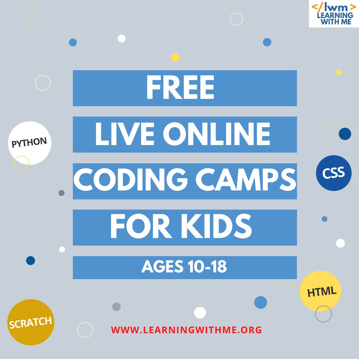 lwm_org's tweet image. FREE ONLINE CODING CAMPS FOR KIDS!!!
Register your child at learningwithme.org for the next online coding camp which will start November 14th, 2020. #coding #codingforkids #freecodingforkids #computerscience #computerprogramming #codinglanguage #codinglanguageforkids