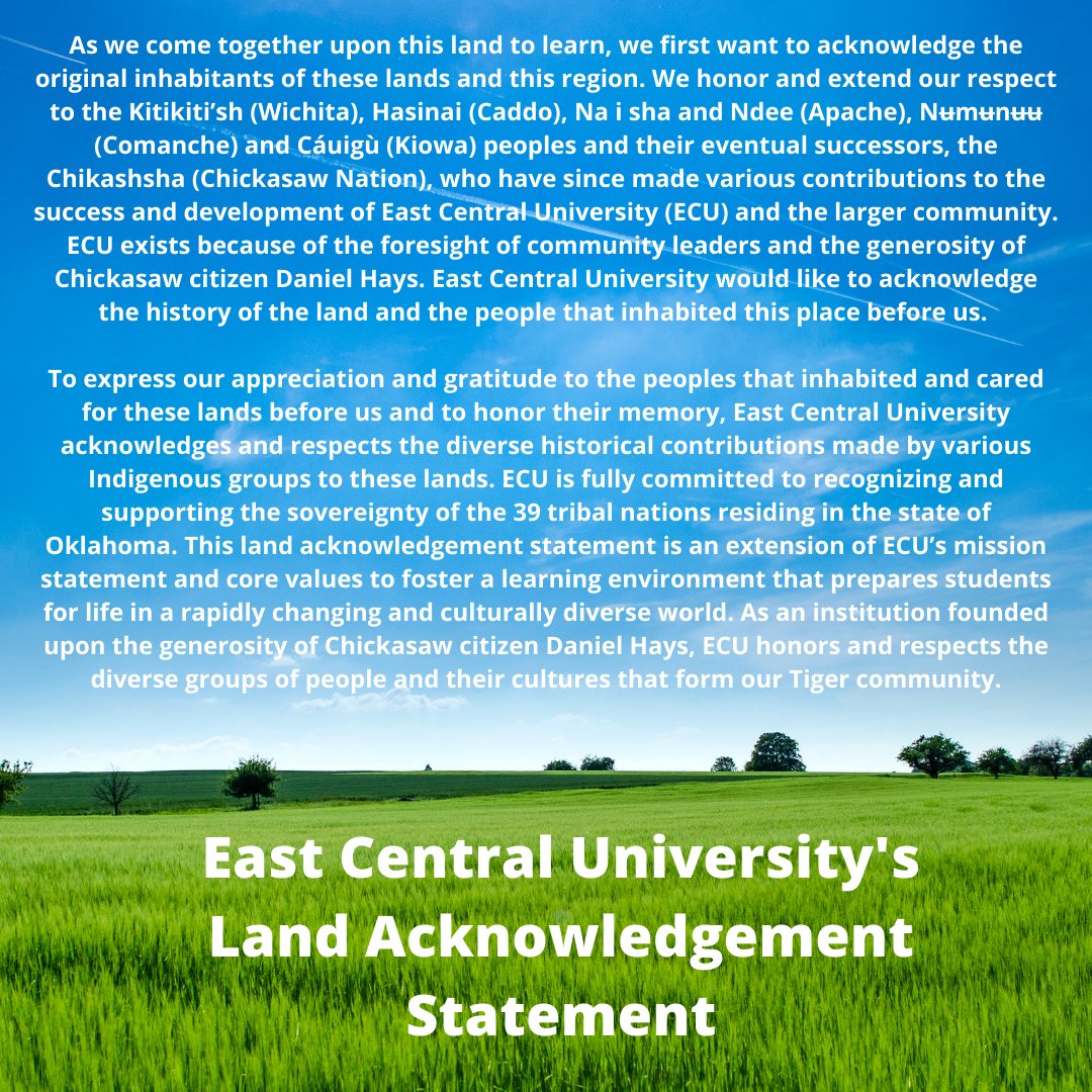 Click on the photo below to read East Central University's full Land Acknowledgement Statement.