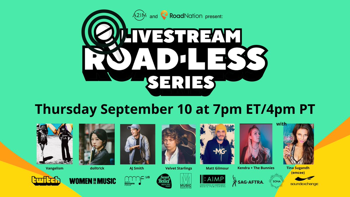 Another week means another exciting #RoadLessSeries #livestream concert from @a2im and @Road_Nation 🙌🙌🙌 — check out the lineup below and tune in tonight at: twitch.tv/roadnationoffi…