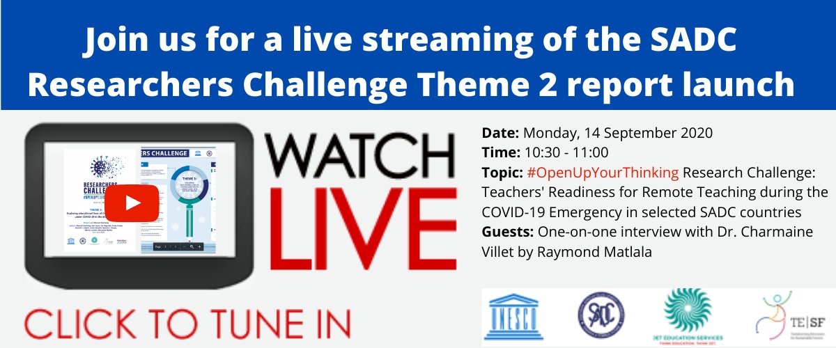 JETEdServices's tweet photo. Join the live-streaming ‘#OpenUpYourThinking Research Challenge: Teachers' Readiness for Remote Teaching during the COVID-19 Emergency in selected SADC countries’ report launch. Dr. Charmaine Villet interviewed by Raymond Matlala. Monday, 14 Sep at 10:30. https://t.co/sk7mGQiVcA https://t.co/oUTi0qiAwS