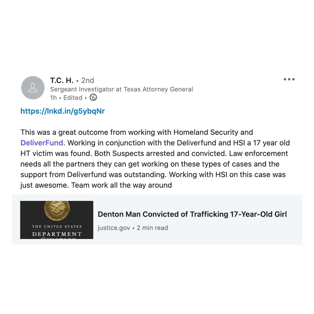DeliverFund's tweet photo. From our Chief of Operations, Michael Fullilove: "Strong work by the TX OAG, HSI, and other law enforcement agencies involved! It was an honor to work with all the agencies involved in this operation." 1/2

https://t.co/WMauYtyJlv https://t.co/BtXgNpLWi1