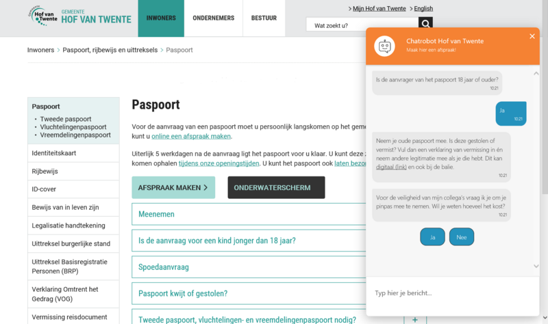 gemhofvantwente's tweet photo. Gemeente Hof van Twente is vandaag gestart met een proef met een chatrobot. De chatrobot is beschikbaar op werkdagen tussen 9.00 - 12.00 uur. De chatrobot werkt voor het inplannen van een afspraak voor een paspoort, rijbewijs of id-kaart. Meer lezen via https://t.co/tjwmFeo8bP https://t.co/xmm84pGHad