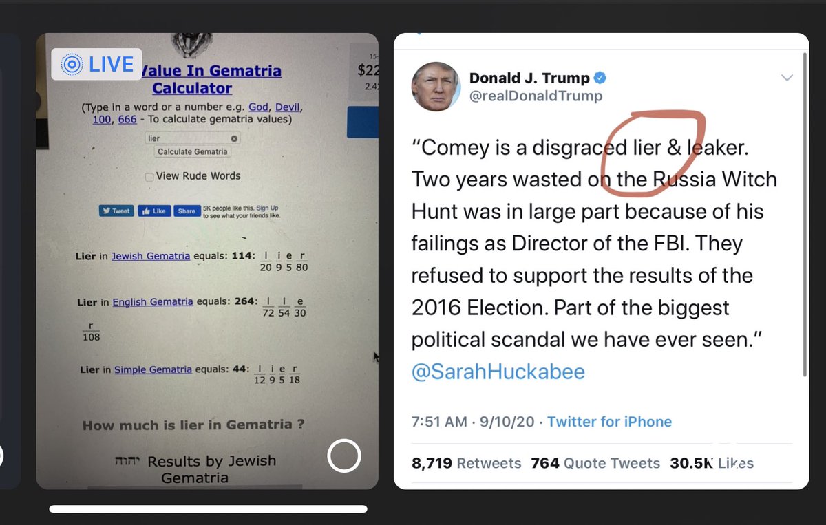 3/ How about this? LIER decoded wirh gematria = 114, 264, & 44. These cue posts are all VERY RELEVANT!!!44: WATCH POTUS TWITTER264: God Bless Patriots; We are proud 114: US Military = Savior of mankind(Gave me chills to write that! )