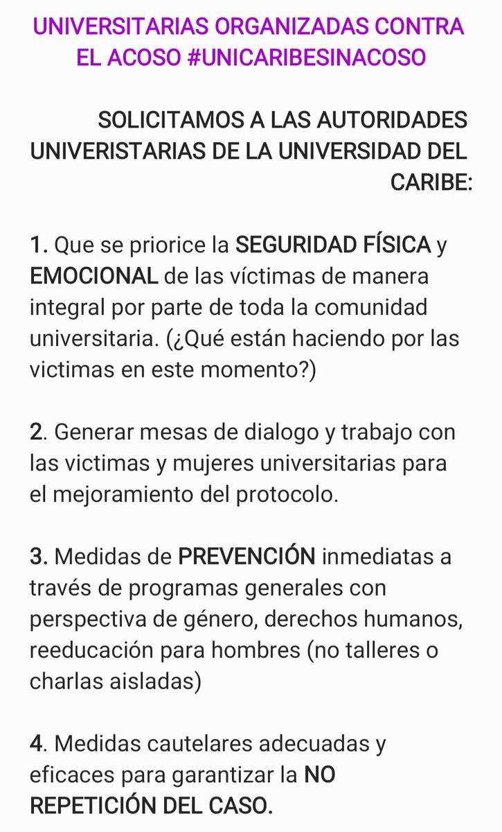 MeTooUNICARIBE's tweet photo. Universitarias organizadas contra el acoso #UnicaribeSinAcoso ante las múltiples denuncias de acoso y violencia en la universidad hacemos esta petición a la @UcaribeOficial esperamos su respuesta inmediata Favor de dar RT⬇️ #Cancún https://t.co/SyoQPfSlha