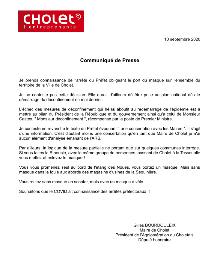 Je vous prie de trouver ci-dessous un communiqué de presse, après avoir pris connaissance de l'arrêté du Préfet de Maine-et-Loire. #Cholet #COVIDー19