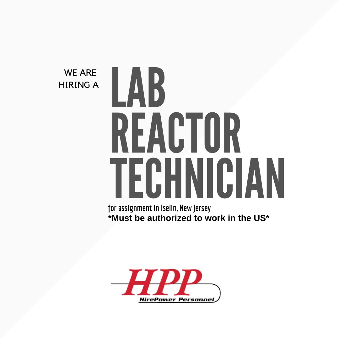 HPPStaffing's tweet photo. We are hiring a Lab Reactor Technician for assignment in Iselin, New Jersey to apply and for more information please visit the following link: https://t.co/d5FXW73ETO #LabReactorTechnician #LabReactor #technicians #technicianjobs #iselin #newjersey https://t.co/CxUiqB1VyF