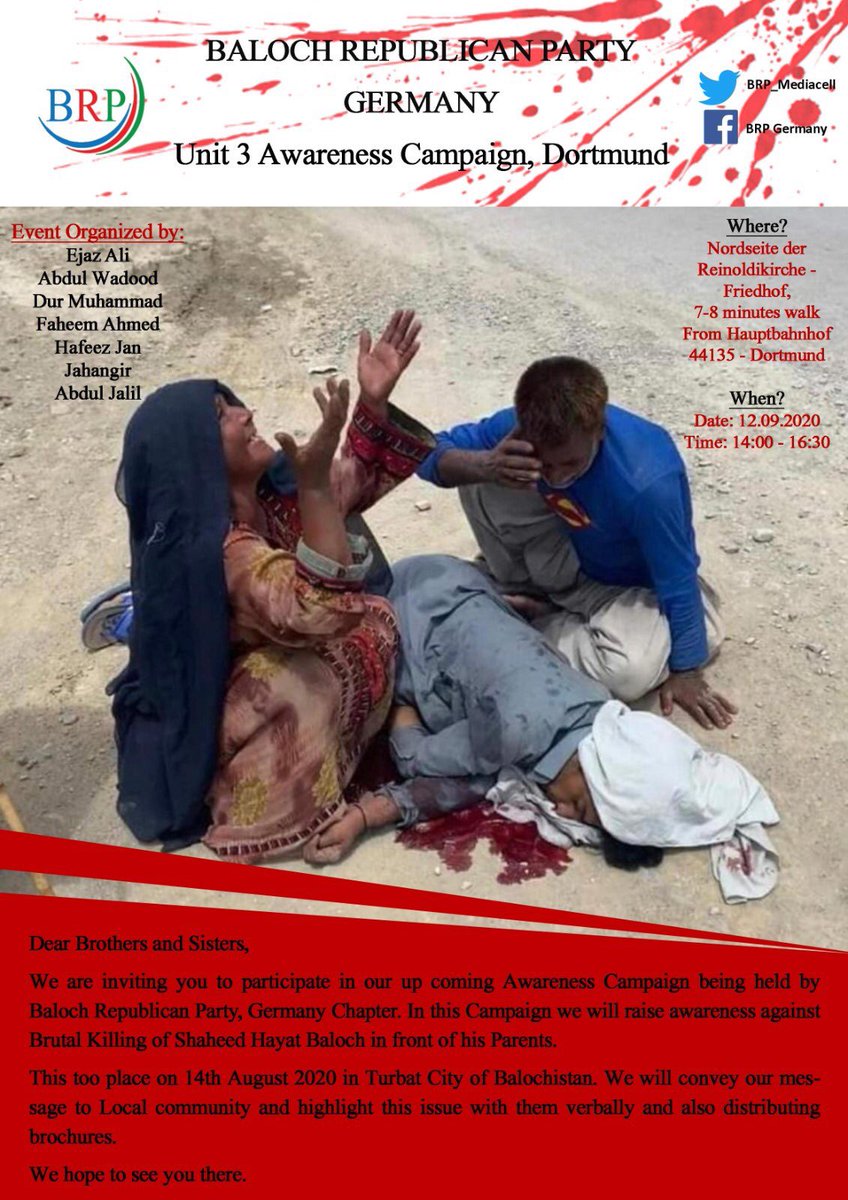 ahmedfaheem_brp's tweet photo. Die Belutschische Republikanische Partei wird in Deutschland eine Sensibilisierungskampagne gegen den brutalen Mord an #hayatbaloch durch #Pakistanische Streitkräfte in Turbat, #Balochistan, durchführen.

 #JusticeForHayatBaloch https://t.co/y2EemyZtyA