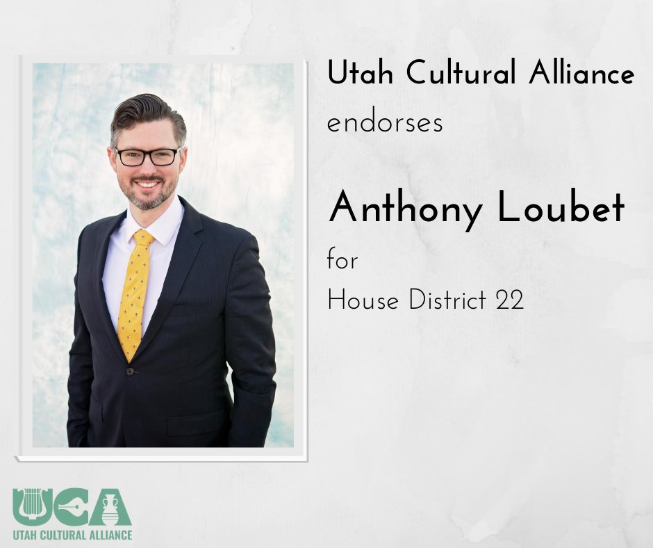 Thank you to the <a href="/utculture/">Utah Cultural Alliance</a> for your endorsement!  
 #ALoubet22  #UTDistrict22  #MagnaUT  #KearnsUT  #CoppertonUT  #WVCUT