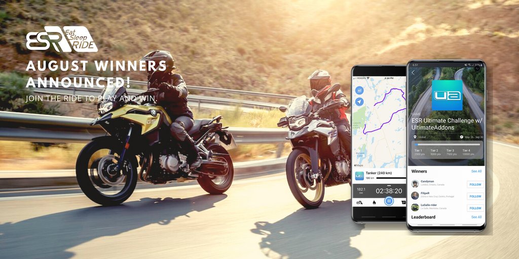 EatSleepRIDE's tweet photo. 🏆 Congrats August winners! 🔥 Every ride gives you a chance to win US$100 in smartphone cases and mounts from @Ultimateaddons! Join the ride!✌️
#EatSleepRIDE #ESRapp #ultimateaddons #itsallabouthejourney https://t.co/jLoJ5UGpDG