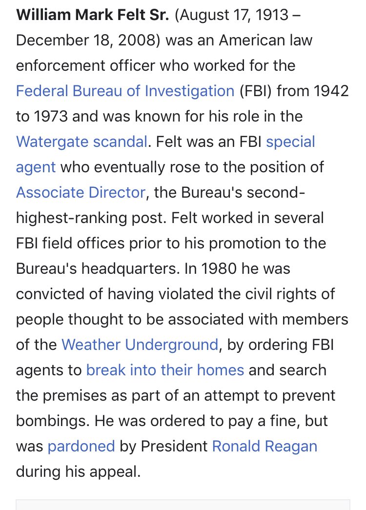 It’s honestly funny to me that ‘Deep Throat’—the informant for Squiward & Bernstein—was the associate director of the FBI, who was clearly involved in Buddy Buddy corruption himself, & was convicted of civil rights violations for his repression of leftists.