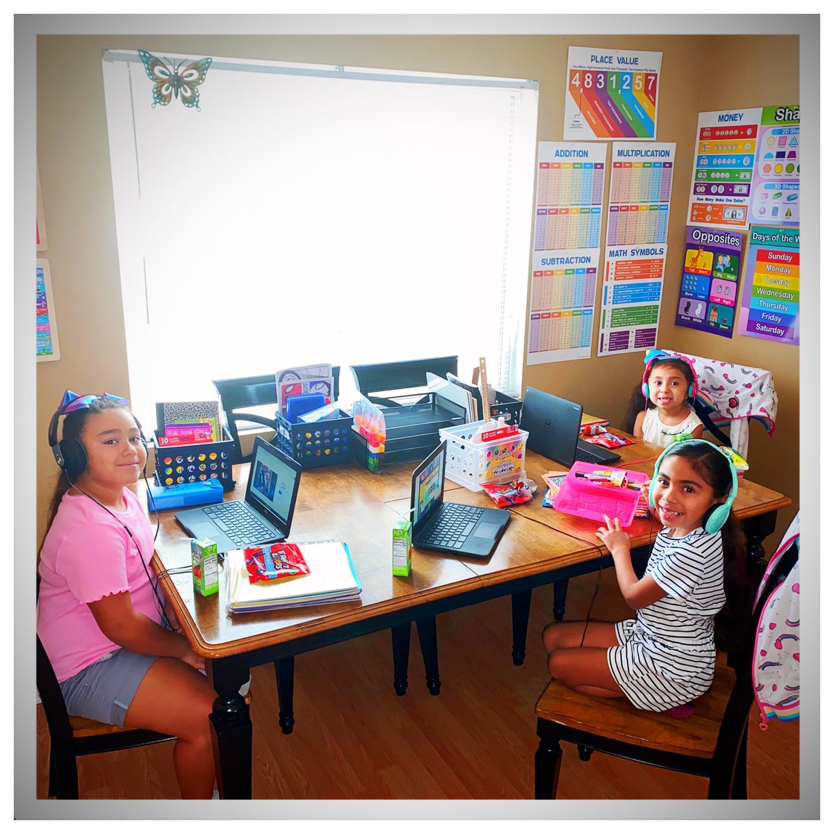 PenaElemCoyotes's tweet photo. One of our sensational Pena families rocking this Distance Learning thing with their 3 girls! Look at that set up!!! 💜🤍💚 #cartwrightisback #oneteamunafamilia #bebettertodaythanyouwereyesterday https://t.co/Z7gEaXnAq1