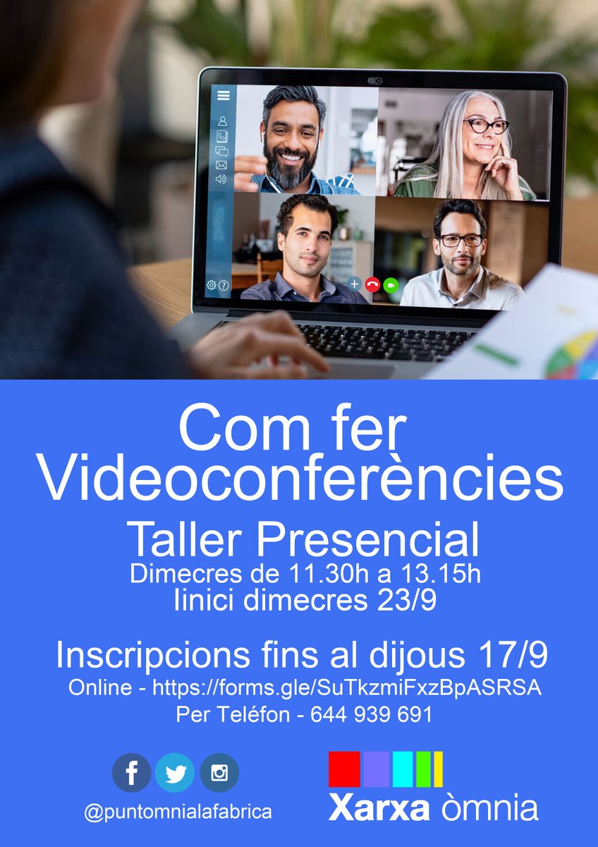 Obrim inscripcions pels tallers d'aquest trimestre!!!!
Teniu tres tallers presencials i un per fer-lo des de casa,tot amb les mesures de seguretat.
Link per fer la inscripció a un taller:
forms.gle/SuTkzmiFxzBpAS…
<a href="/xarxaomnia/">Xarxa Òmnia</a> #xarxaomnia