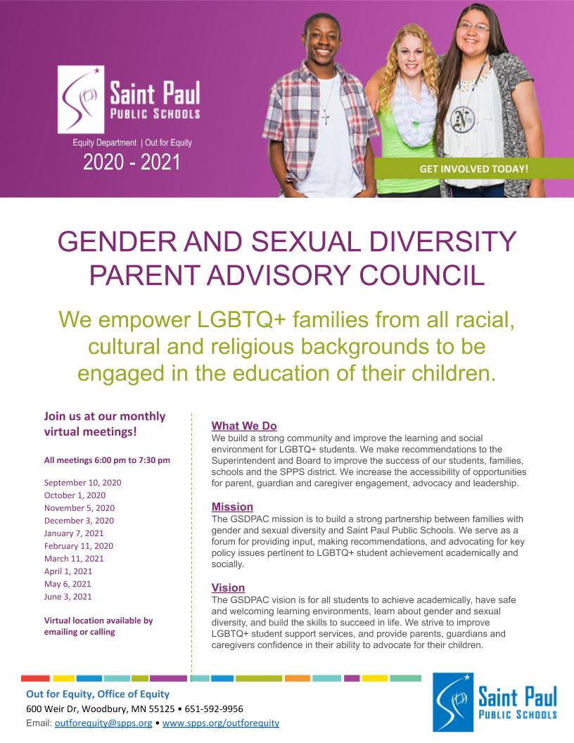 Welcome back to school! The <a href="/SPPS_News/">Saint Paul Public Schools</a> <a href="/EquitySPPS/">Equity Dept SPPS</a>  Gender &amp; Sexual Diversity Parent Advisory Council has their first meeting tonight! We meet on Thursdays once a month. #LGBTQ