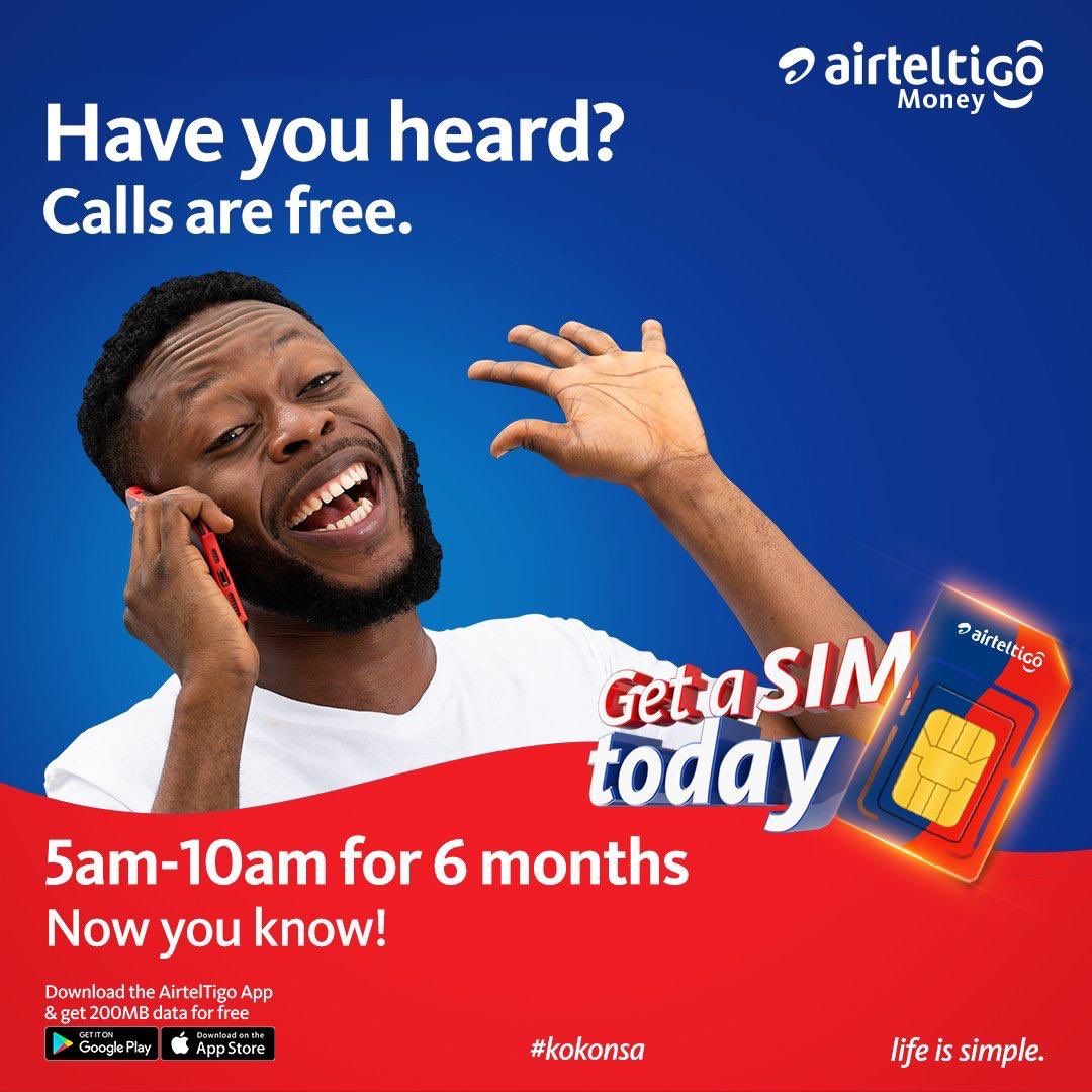 iamsaltynation's tweet photo. Chale #HaveYouHeard that calls are free on @airteltigoghana ? Do call your loved ones from 5am - 10am every morning for 6 months!! Yup!! Get a new sim today and don’t miss out on this exciting offer!! https://t.co/054U2p6qMH
