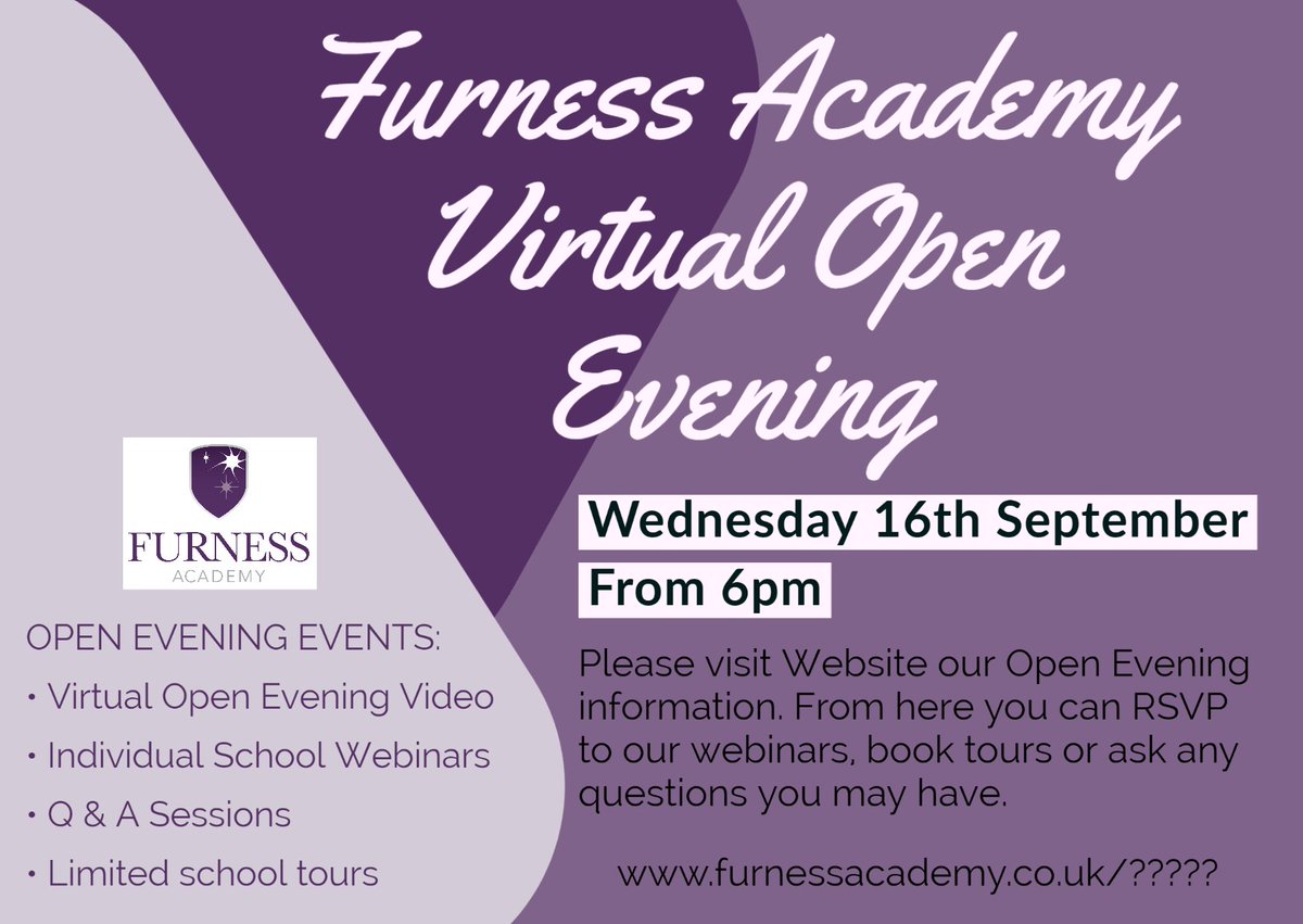 FurnessAcademy's tweet photo. We are sad we can't invite you into school this year for our Open Evening, one of our absolute favourite nights, but we hope all the things we are doing will help make that important decision in October a little easier 💜Please don't hesitate to get in touch with questions 👍
3/3 https://t.co/QM1IhGhxqt
