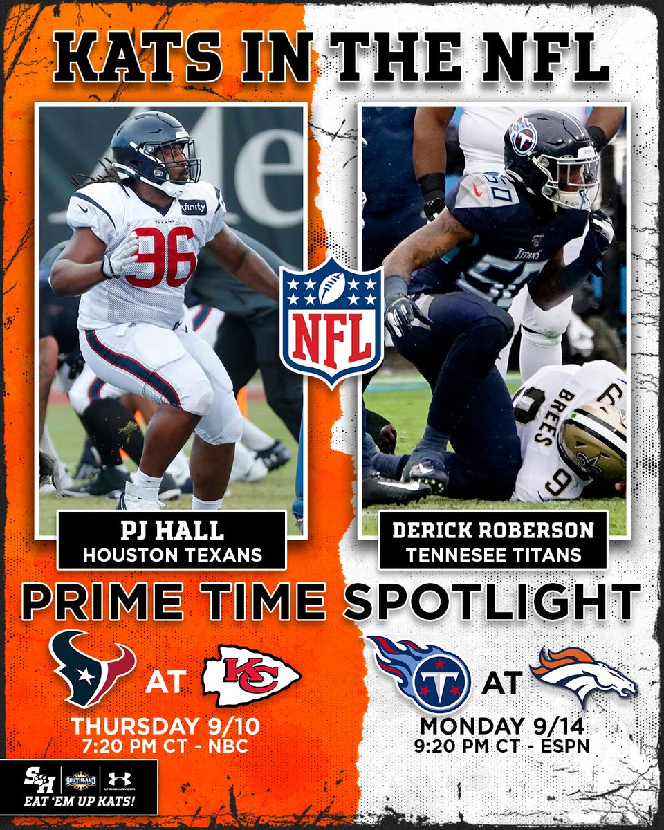 Good luck to our guys <a href="/Pjjwatt/">PJ Hall</a> and <a href="/DerickJRoberson/">Derick roberson</a> in Week 1 of the NFL season! Both are playing in prime time games 👀📺
Tonight: <a href="/HoustonTexans/">Houston Texans</a> at <a href="/Chiefs/">Kansas City Chiefs</a>  on NBC
Monday: <a href="/Titans/">Tennessee Titans</a> at <a href="/Broncos/">Denver Broncos</a> on ESPN

#EatEmUpKats #NFLKats