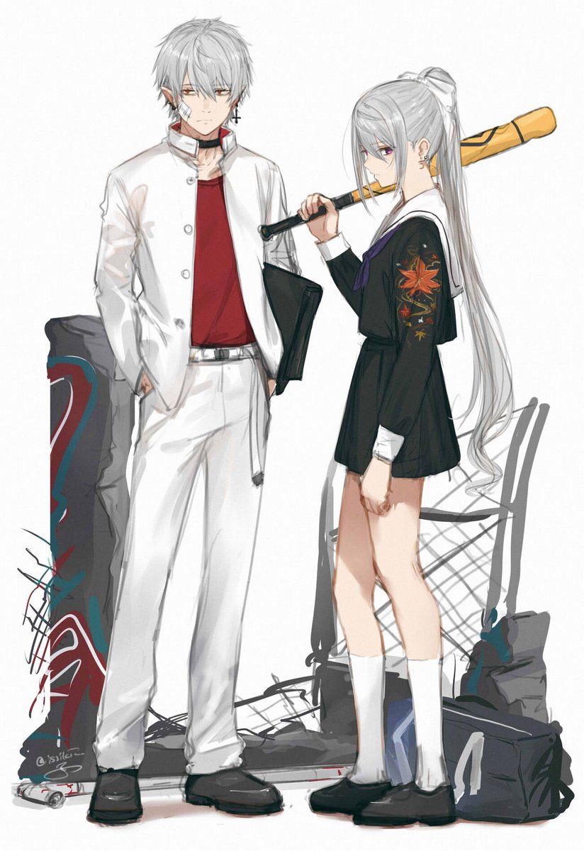 higuchi kaede 1girl 1boy baseball bat school uniform pants black footwear long hair  illustration images