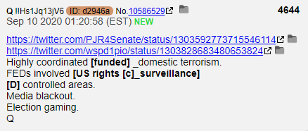  https://twitter.com/PJR4Senate/status/1303592773715546114 https://twitter.com/wspd1pio/status/1303828683480653824Highly coordinated [funded] _domestic terrorism.FEDs involved [US rights [c]_surveillance][D] controlled areas.Media blackout.Election gaming.Q