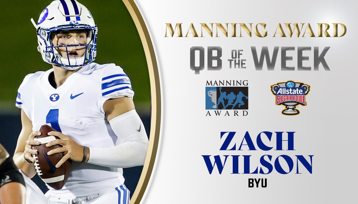 SugarBowlNola's tweet photo. Congrats to BYU's Zach Wilson for being named the #ManningAward Quarterback of the Week. The junior QB completed 13-of 18 passes for 232 yards, two touchdowns and one interception in a 55-3 season-opening win over Navy on Monday night. https://t.co/bGa0OMZRuE https://t.co/CGp9eeQuo0
